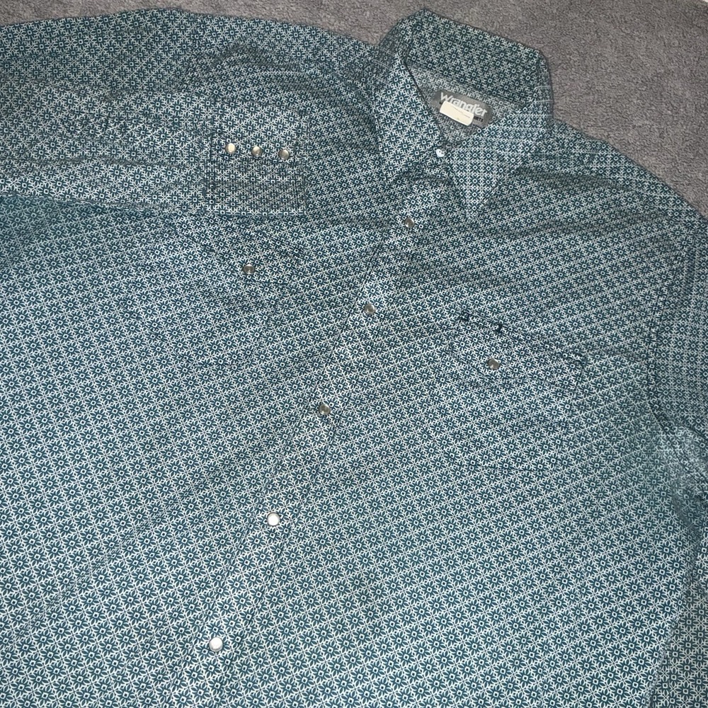 Wrangler Rancher Men's XL Green White Pearl Snap Long Sleeve Button Up Shirt